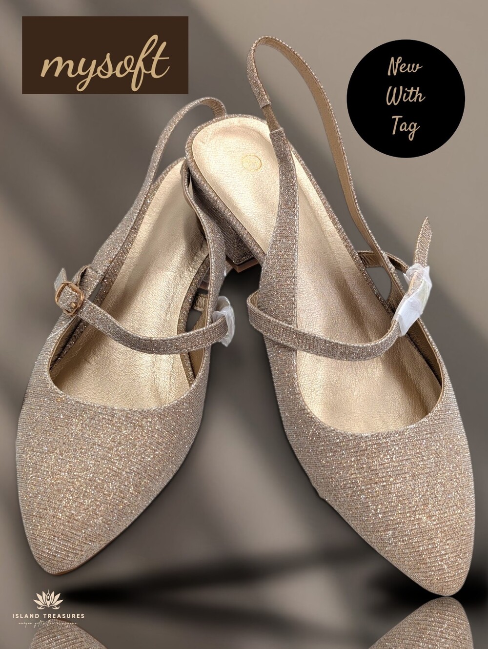 NWT Mysoft Sz 7.5 Champagne/Rose Glitter Slingback Cushion Insole Mary Jane Pump